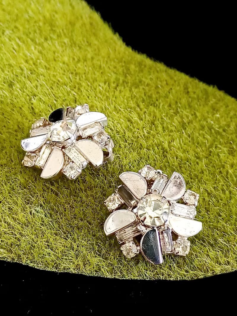 vintage jewelry 典雅鏡面透明萊茵花卉  夾式耳環