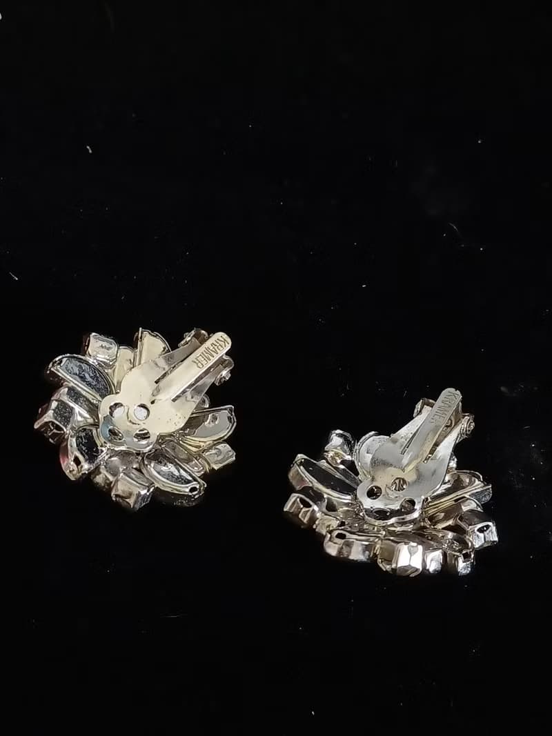vintage jewelry 典雅鏡面透明萊茵花卉  夾式耳環