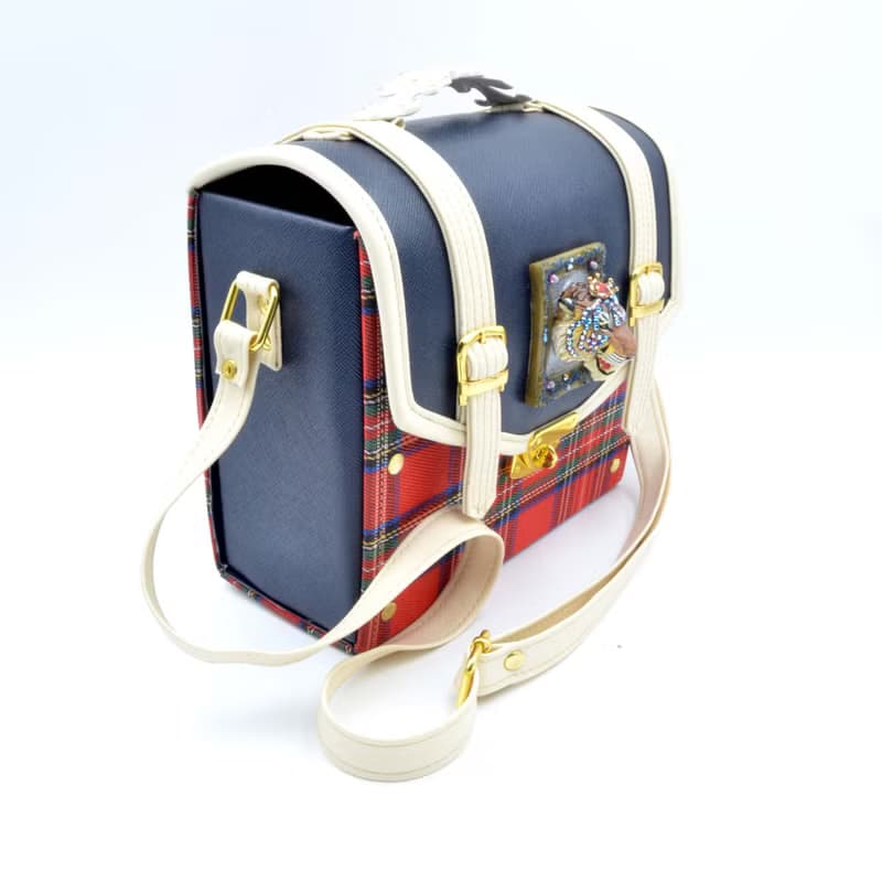 立體老虎綴寶石水晶裝飾 紅色格子x寶藍PU仿皮箱子斜肩帶手袋包包