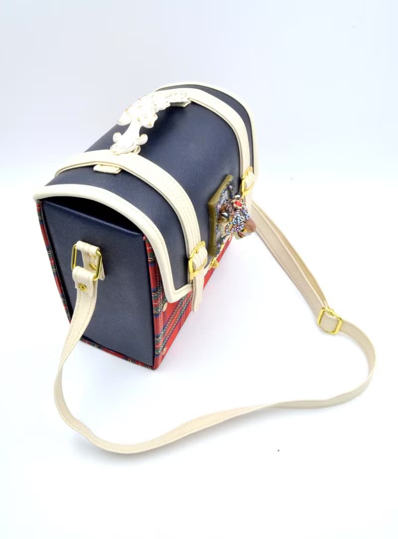 立體老虎綴寶石水晶裝飾 紅色格子x寶藍PU仿皮箱子斜肩帶手袋包包