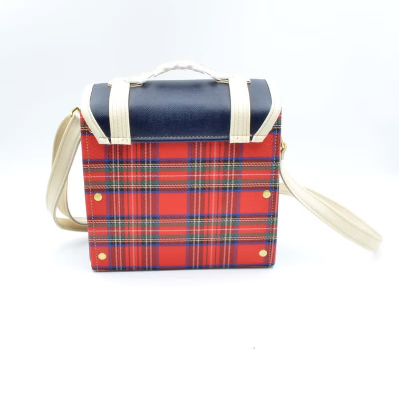 立體老虎綴寶石水晶裝飾 紅色格子x寶藍PU仿皮箱子斜肩帶手袋包包