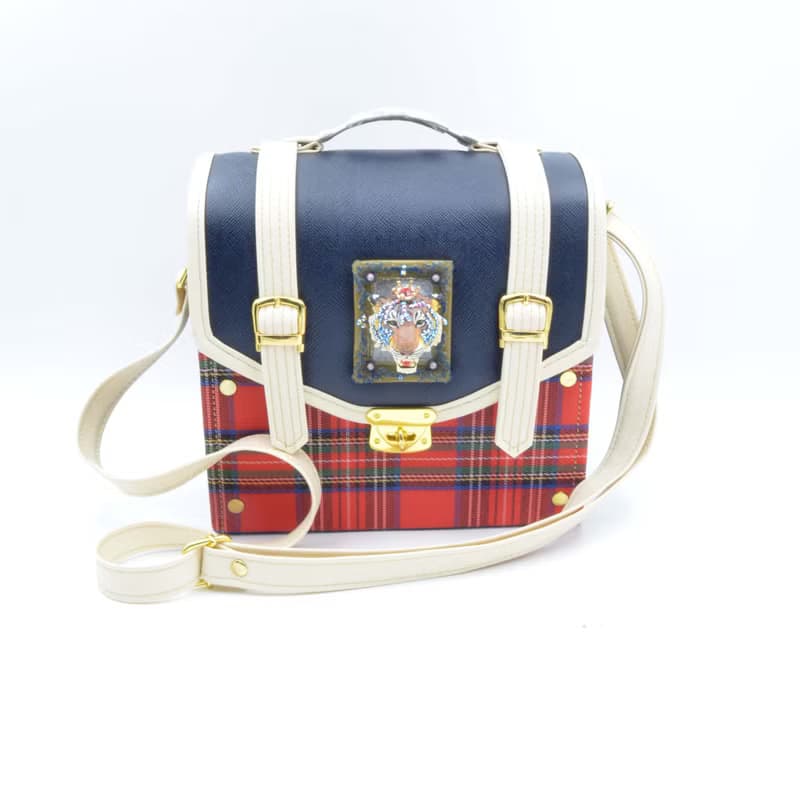 立體老虎綴寶石水晶裝飾 紅色格子x寶藍PU仿皮箱子斜肩帶手袋包包