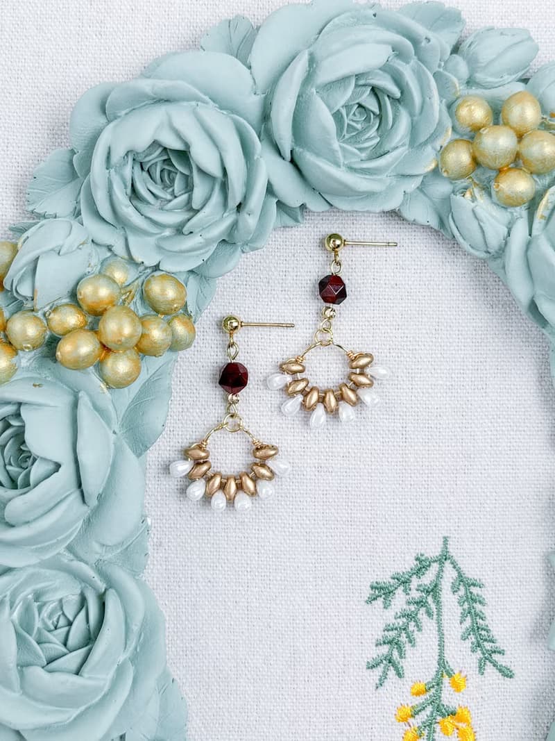 日式串珠-虎眼石煙火花耳環/咖+金