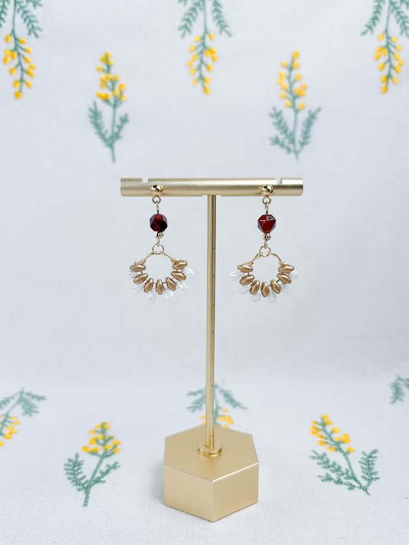 日式串珠-虎眼石煙火花耳環/咖+金