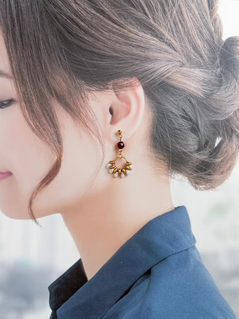 日式串珠-虎眼石煙火花耳環/咖+金