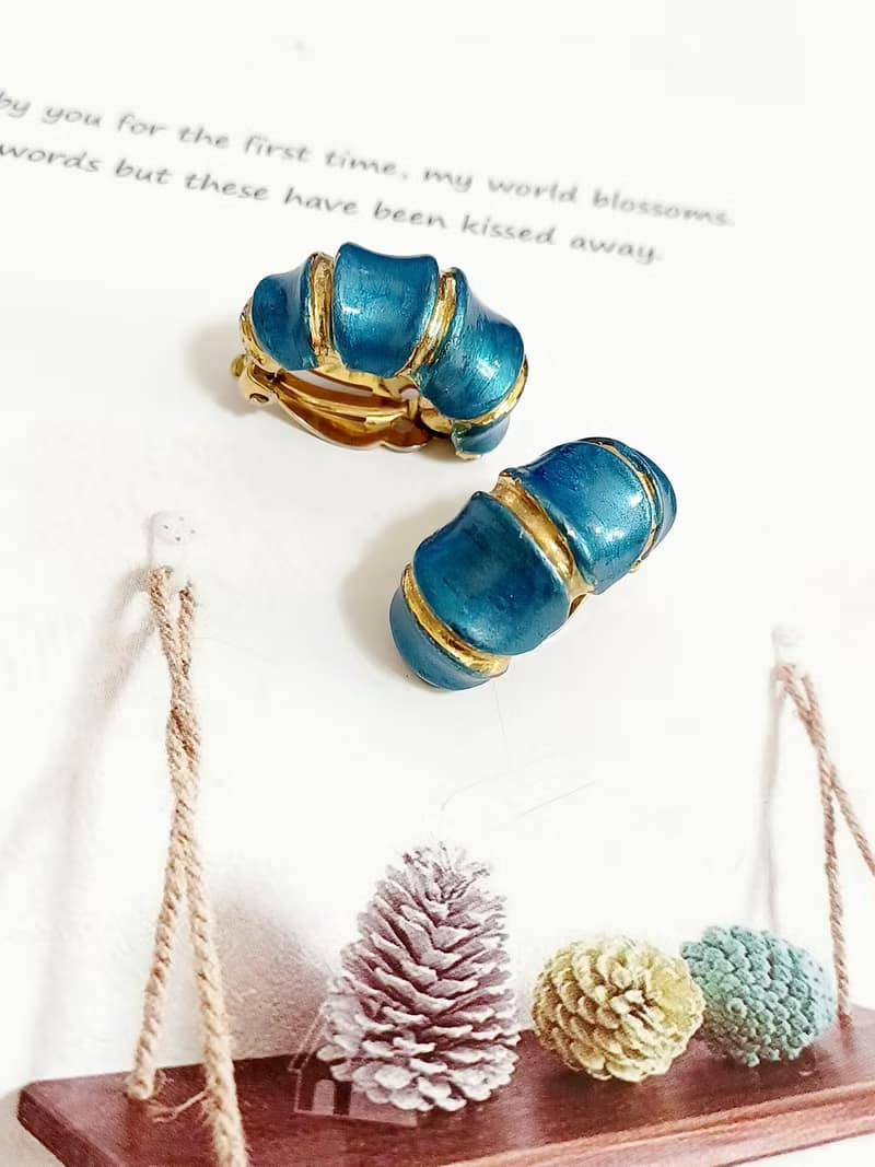 vintage jewelry 綻藍竹節琺瑯 夾式耳環
