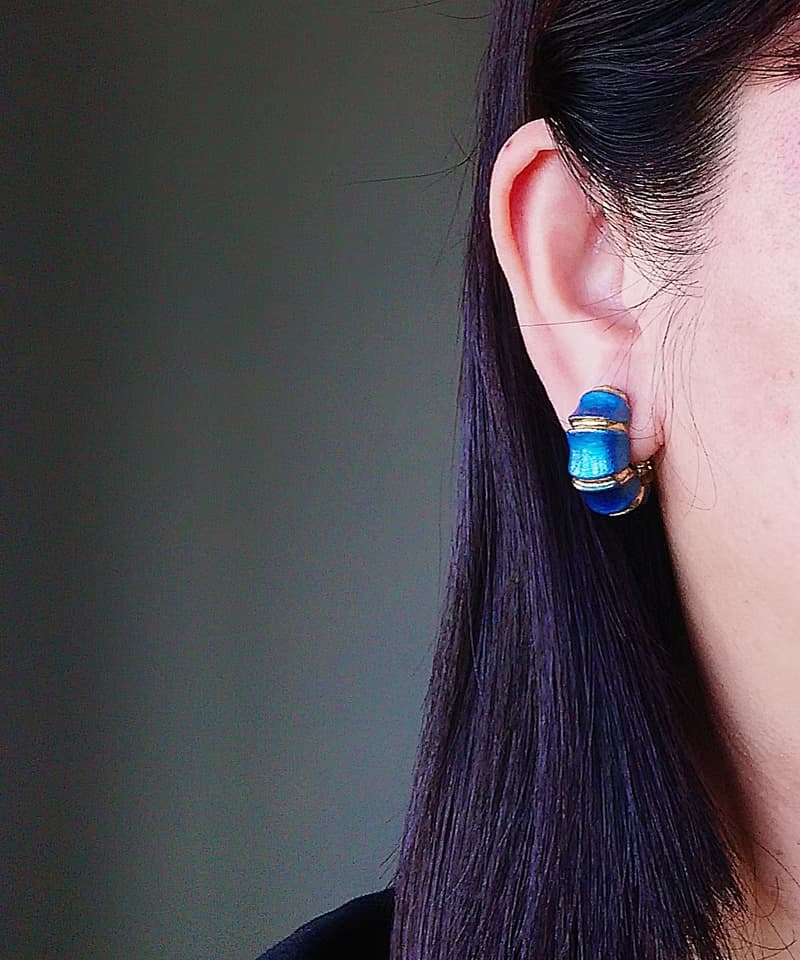 vintage jewelry 綻藍竹節琺瑯 夾式耳環