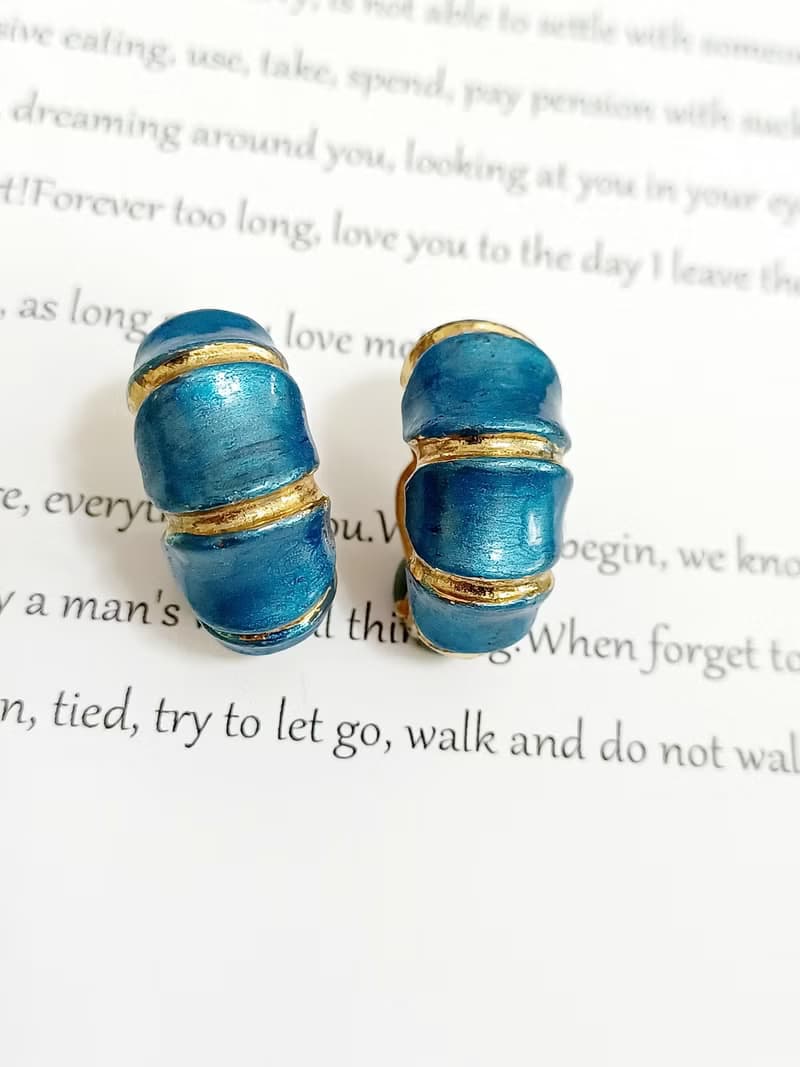 vintage jewelry 綻藍竹節琺瑯 夾式耳環