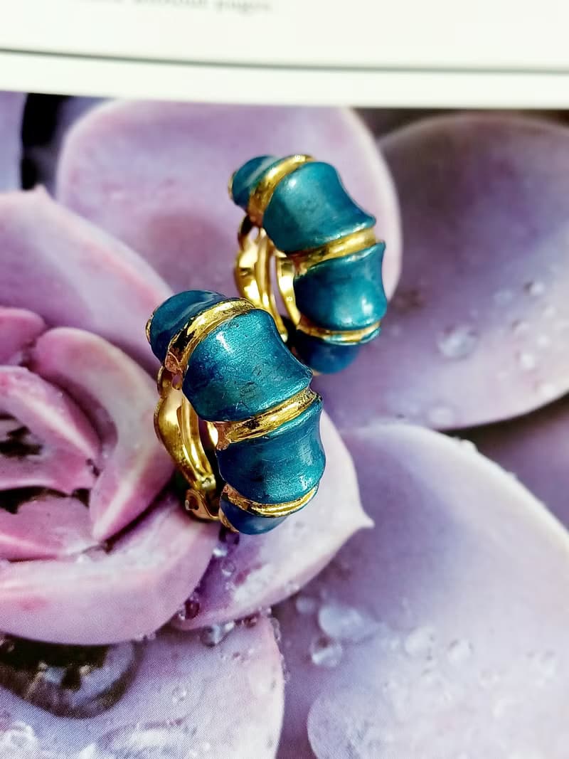 vintage jewelry 綻藍竹節琺瑯 夾式耳環