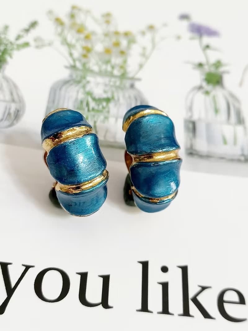 vintage jewelry 綻藍竹節琺瑯 夾式耳環