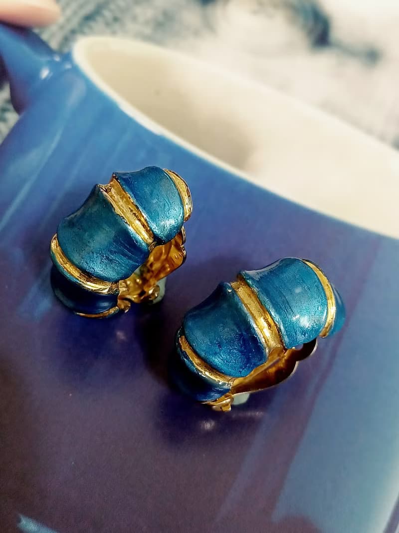 vintage jewelry 綻藍竹節琺瑯 夾式耳環