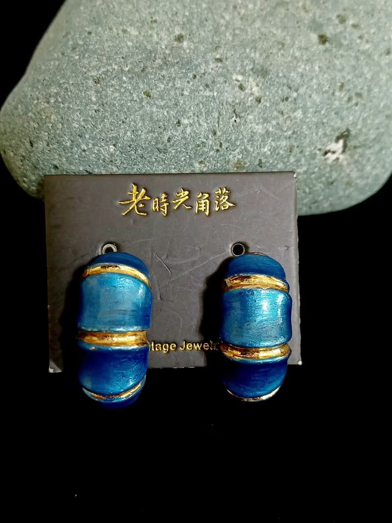 vintage jewelry 綻藍竹節琺瑯 夾式耳環