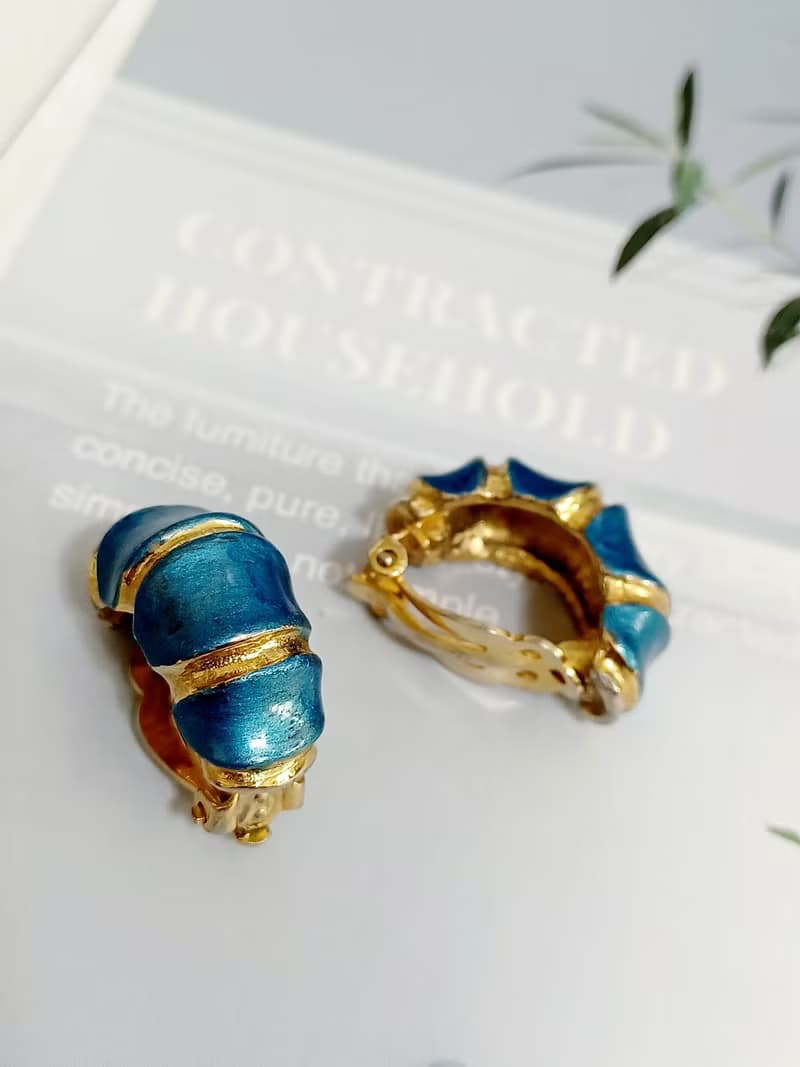 vintage jewelry 綻藍竹節琺瑯 夾式耳環