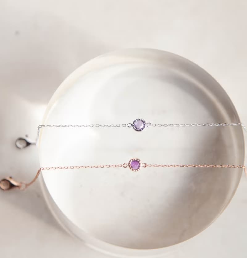 紫水晶小圓片純銀手鍊 | 二月誕生石。兩色可選。生日禮物。好搭