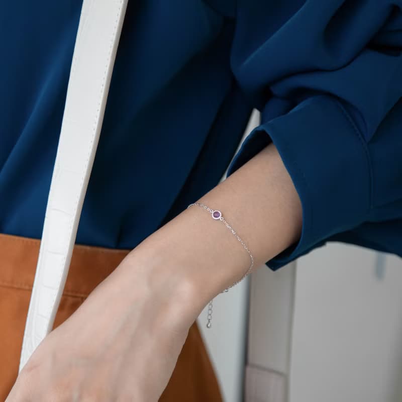 紫水晶小圓片純銀手鍊 | 二月誕生石。兩色可選。生日禮物。好搭