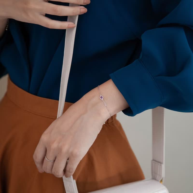 紫水晶小圓片純銀手鍊 | 二月誕生石。兩色可選。生日禮物。好搭