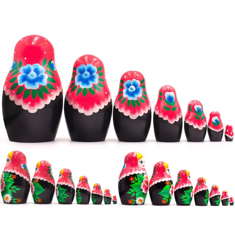 Matryoshka Nesting Dolls in Pink Head Scarf and Sarafan with Sakura Flower