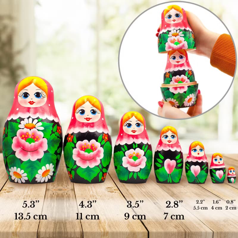 Matryoshka Nesting Dolls in Pink Head Scarf and Sarafan with Sakura Flower