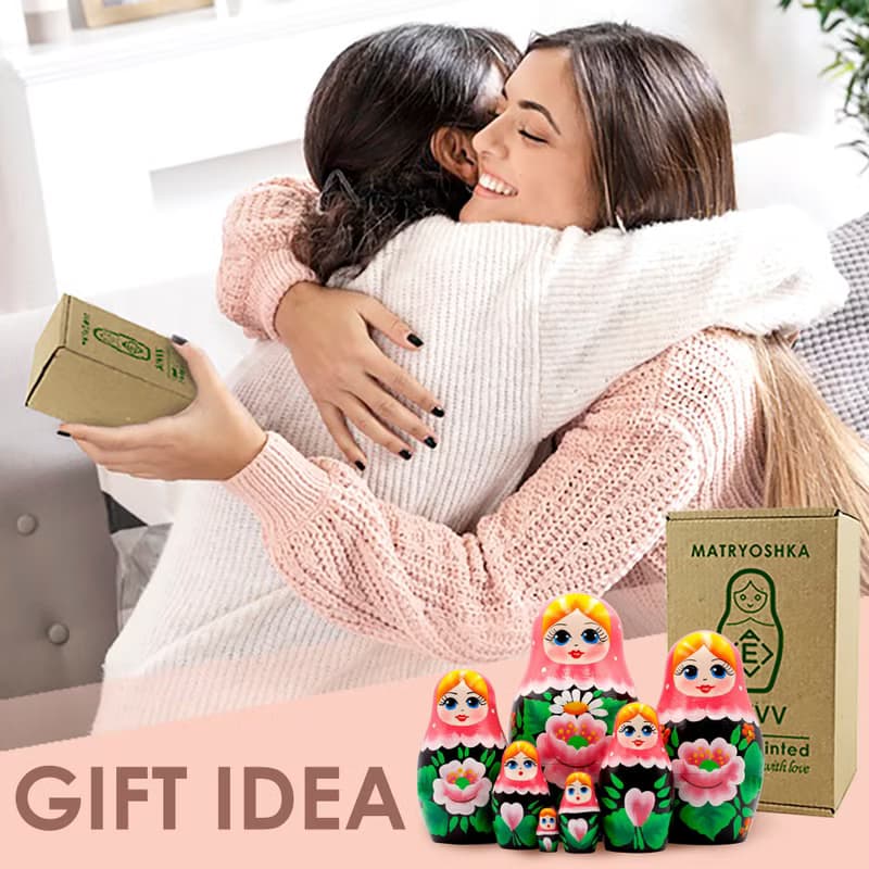 Matryoshka Nesting Dolls in Pink Head Scarf and Sarafan with Sakura Flower