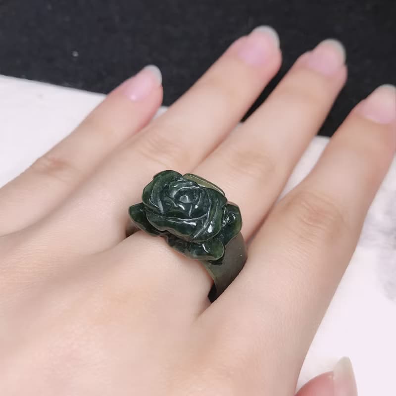 滿綠翡翠牡丹花玉戒指 | 國際14圍 | 天然緬甸玉A貨翡翠 | 送禮