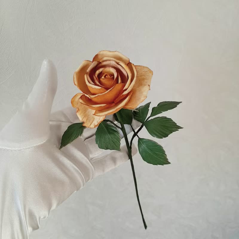 皮革玫瑰長莖 Yellow leather rose long stem 3rd anniversary gift for her, 3rd weddind