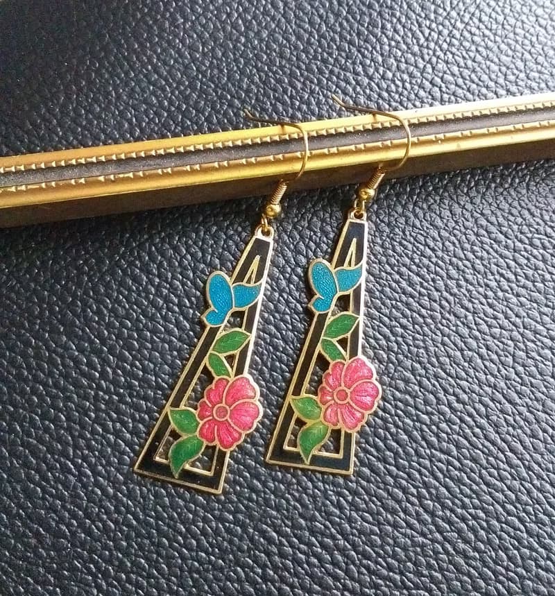 Vintage Jewelry 西洋古董飾品 漂亮花卉 景泰藍 耳勾 針式耳環