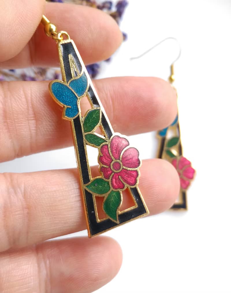 Vintage Jewelry 西洋古董飾品 漂亮花卉 景泰藍 耳勾 針式耳環