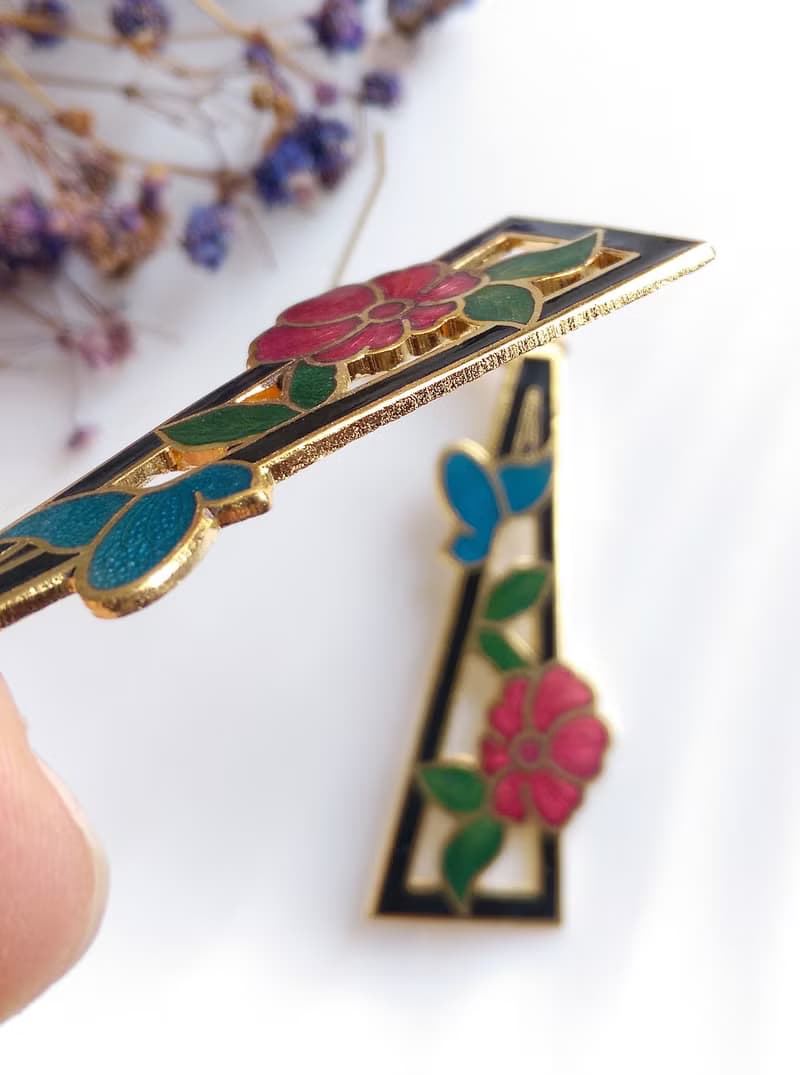 Vintage Jewelry 西洋古董飾品 漂亮花卉 景泰藍 耳勾 針式耳環