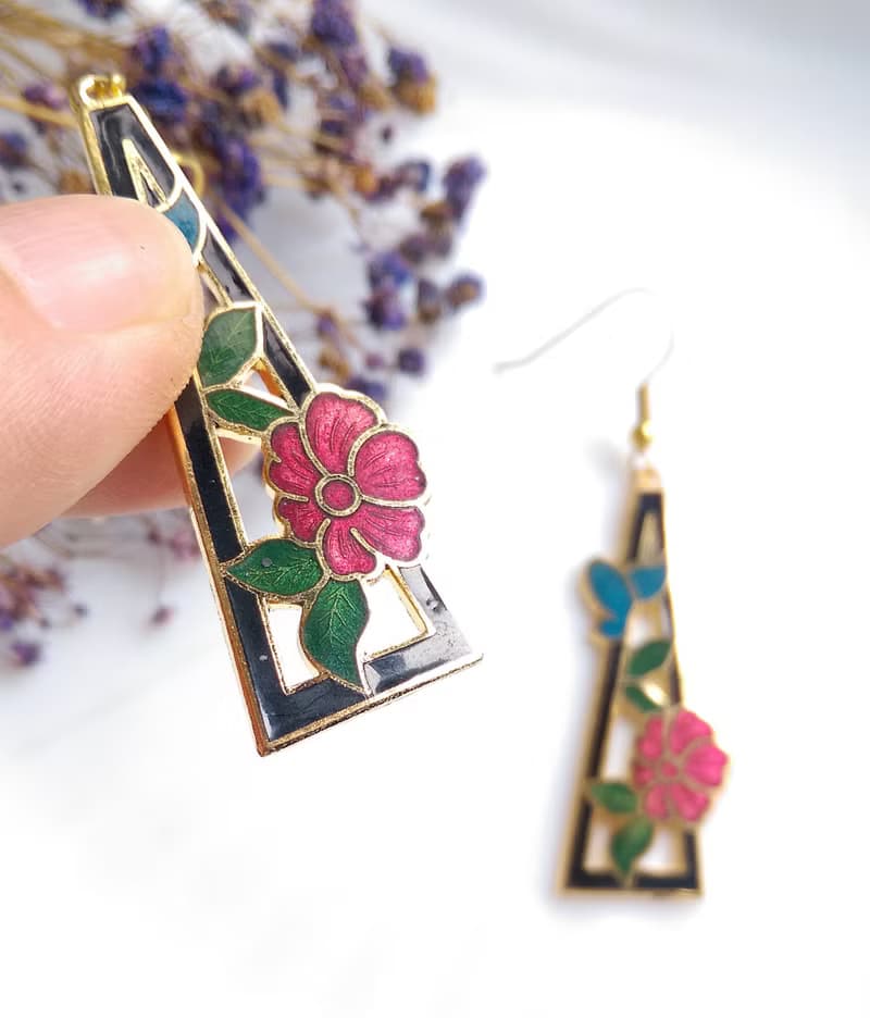 Vintage Jewelry 西洋古董飾品 漂亮花卉 景泰藍 耳勾 針式耳環