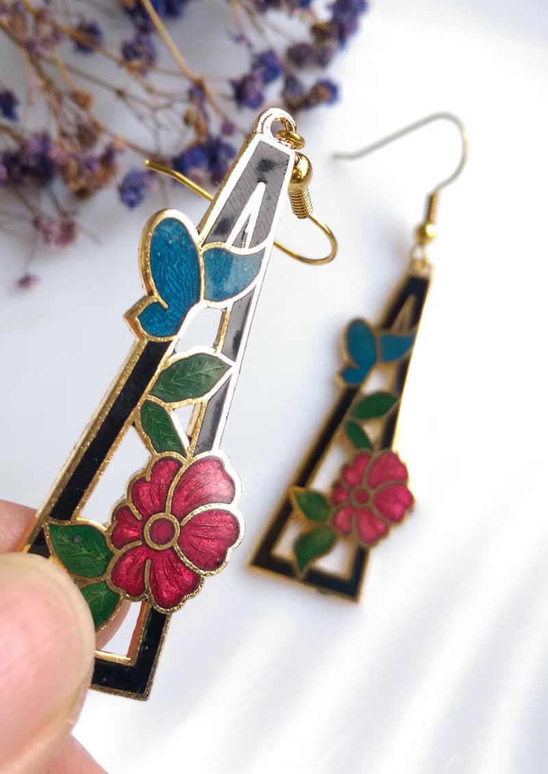 Vintage Jewelry 西洋古董飾品 漂亮花卉 景泰藍 耳勾 針式耳環