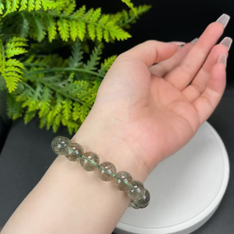 天然綠色碧璽髪晶手串11.5mm冰透綠色髪絲水晶女事業招財貴人運勢