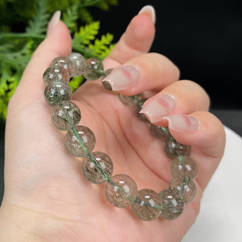 天然綠色碧璽髪晶手串11.5mm冰透綠色髪絲水晶女事業招財貴人運勢