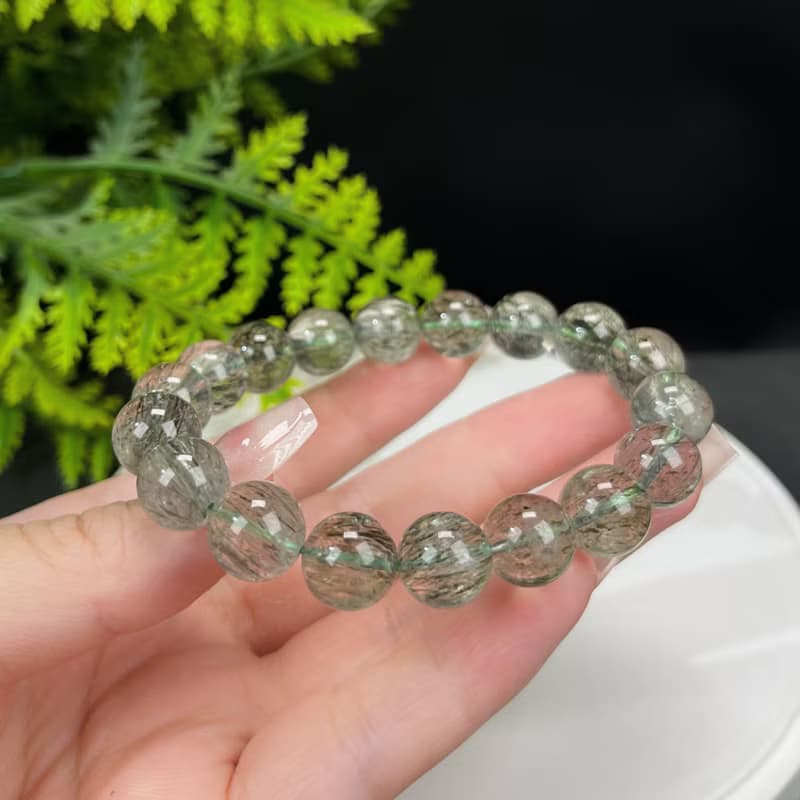 天然綠色碧璽髪晶手串11.5mm冰透綠色髪絲水晶女事業招財貴人運勢