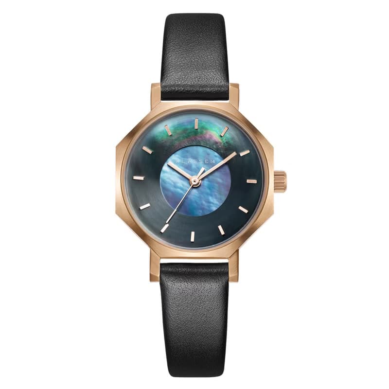 Volare Mother Of Pearl 珍珠黑色皮革錶帶手錶 28mm