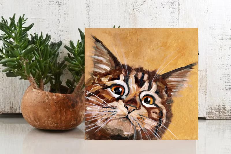 Tabby Kitten Original Painting, Funny Pet Portrait, Cat Wall Art, Cute Animal