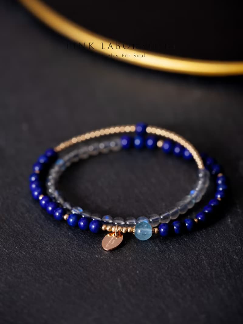 青金石拉長石4mm手鍊 | 14KGF純淨少白少金雙圈海藍寶手鏈