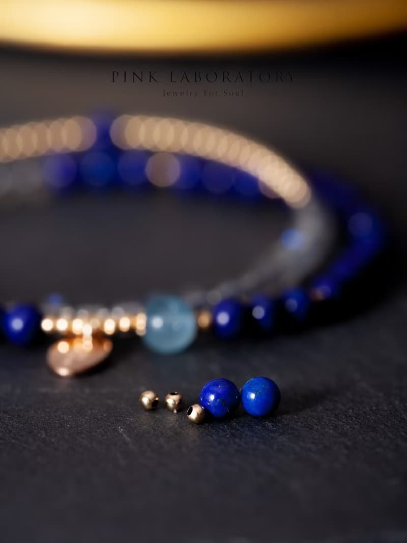 青金石拉長石4mm手鍊 | 14KGF純淨少白少金雙圈海藍寶手鏈