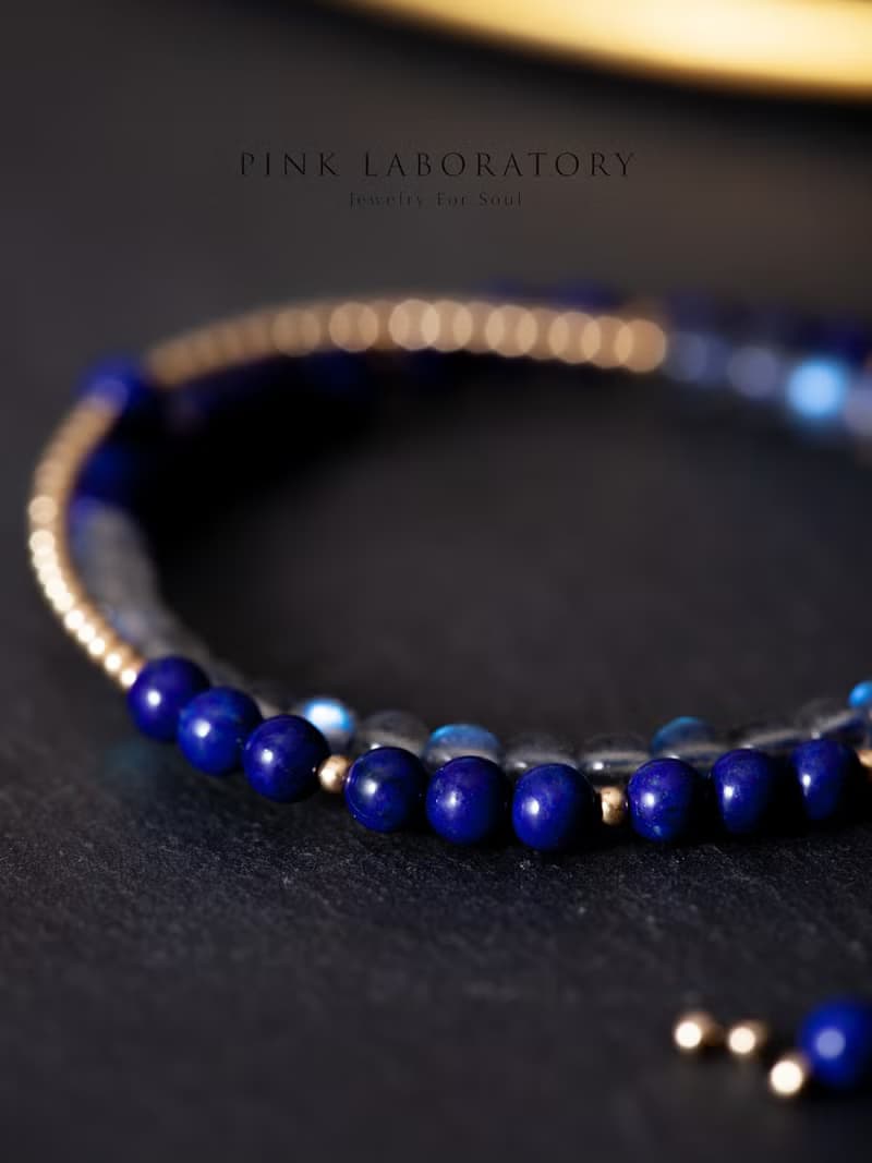 青金石拉長石4mm手鍊 | 14KGF純淨少白少金雙圈海藍寶手鏈