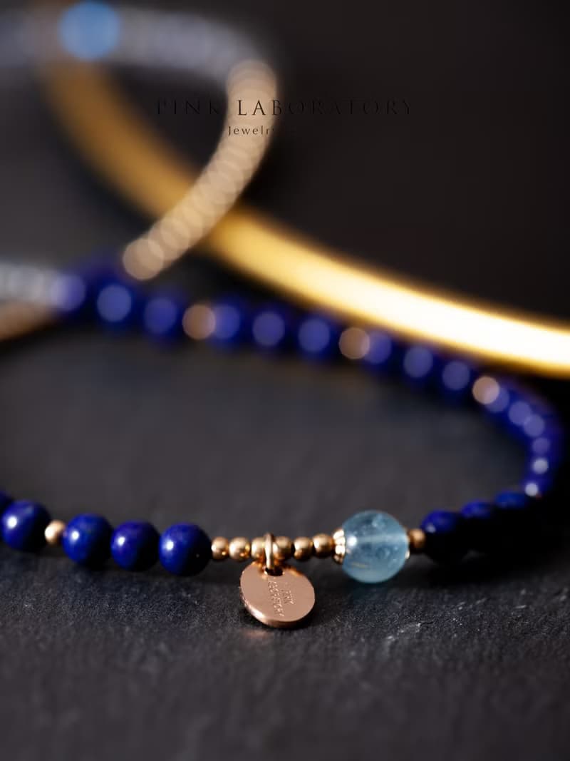 青金石拉長石4mm手鍊 | 14KGF純淨少白少金雙圈海藍寶手鏈