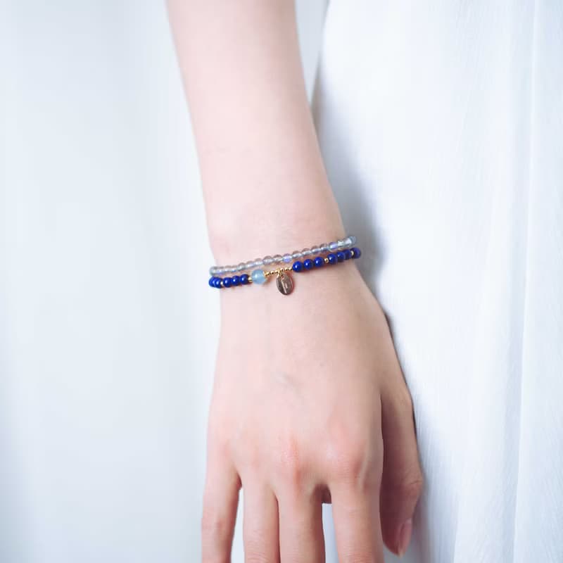 青金石拉長石4mm手鍊 | 14KGF純淨少白少金雙圈海藍寶手鏈
