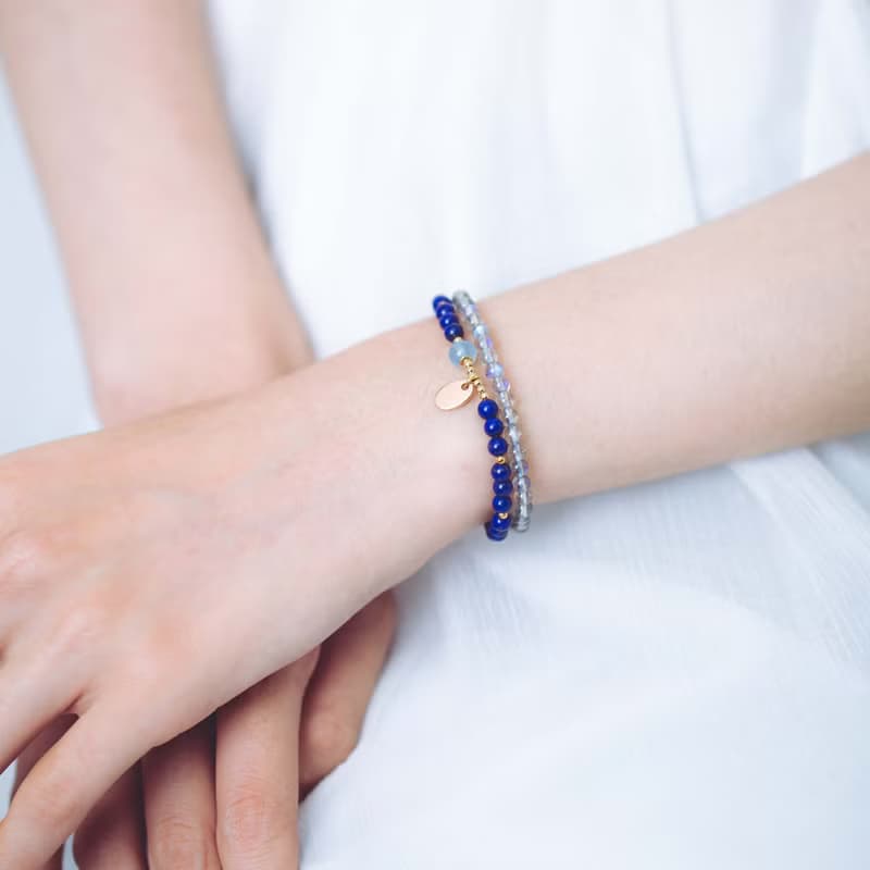 青金石拉長石4mm手鍊 | 14KGF純淨少白少金雙圈海藍寶手鏈
