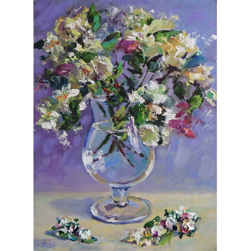 用鲜花绘画, White flowers painting, Original floral art, Bouquet painting, 油畫 白花