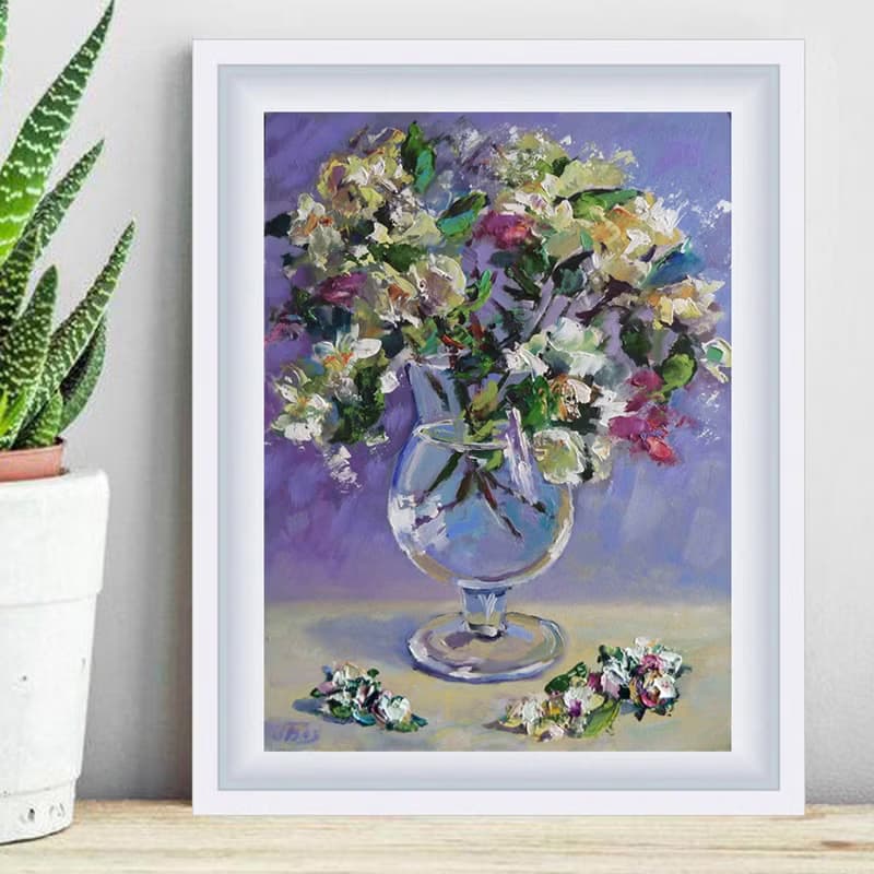 用鲜花绘画, White flowers painting, Original floral art, Bouquet painting, 油畫 白花
