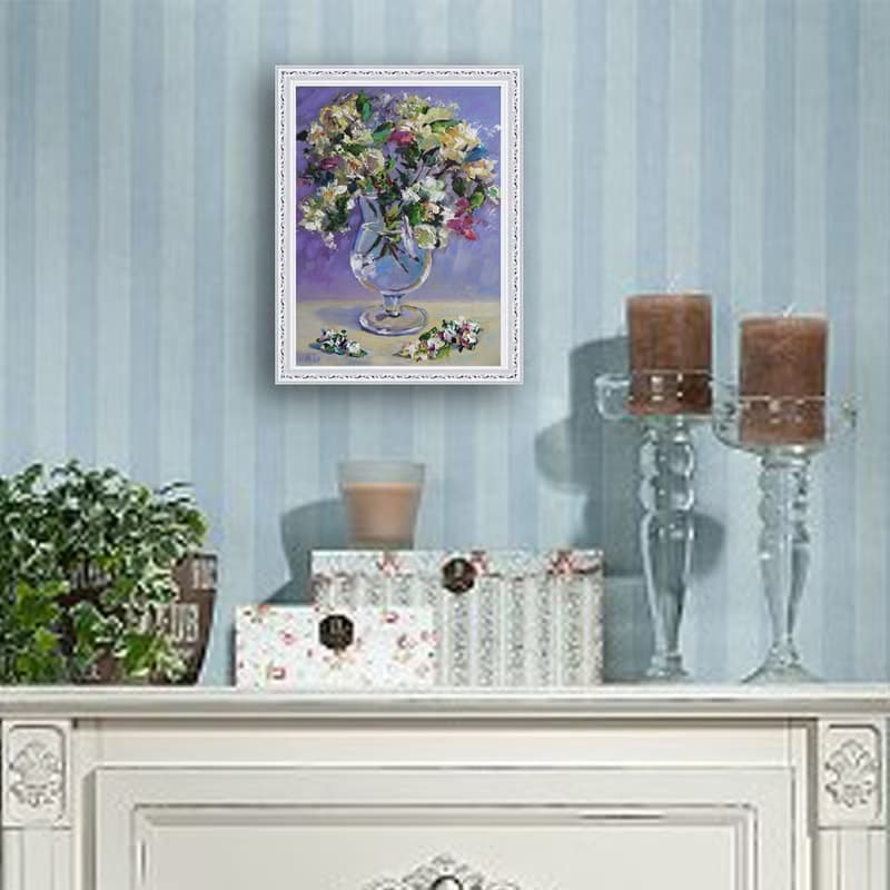 用鲜花绘画, White flowers painting, Original floral art, Bouquet painting, 油畫 白花