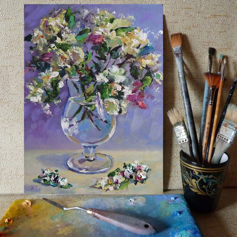 用鲜花绘画, White flowers painting, Original floral art, Bouquet painting, 油畫 白花