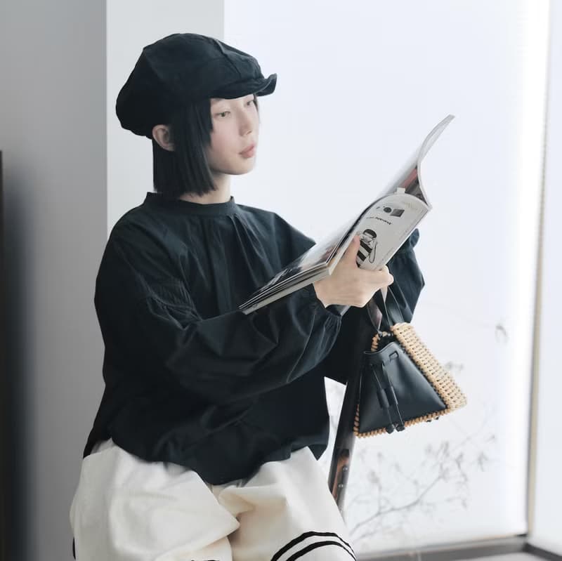 日系純棉小立領黑色長袖上衣