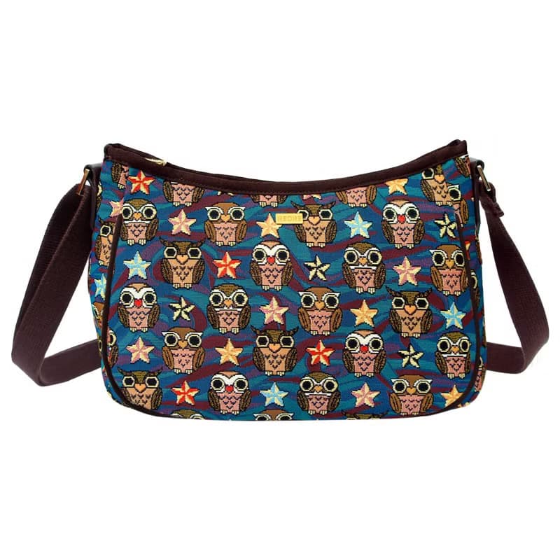 半月包  彎月斜背包 防潑水 平織緹花 貓頭鷹夜未眠