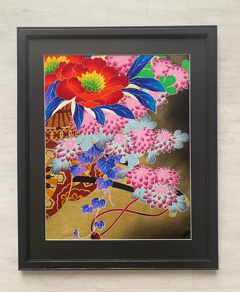 着物からつくるアートパネル29　色打掛　友禅着物　大輪　着物リメイク　新築祝い　和室インテリア　縁起物