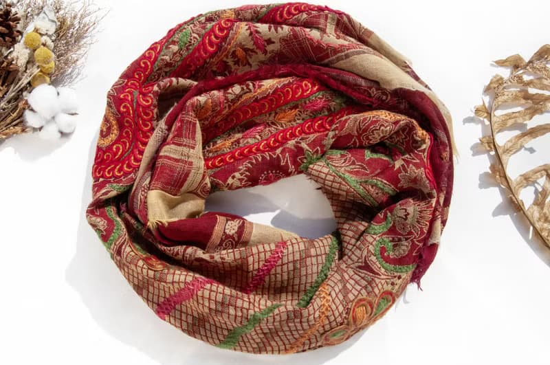 喀什米爾Cashmere/水煮羊毛披肩/針織圍巾/刺繡圍巾/羊絨披巾-花