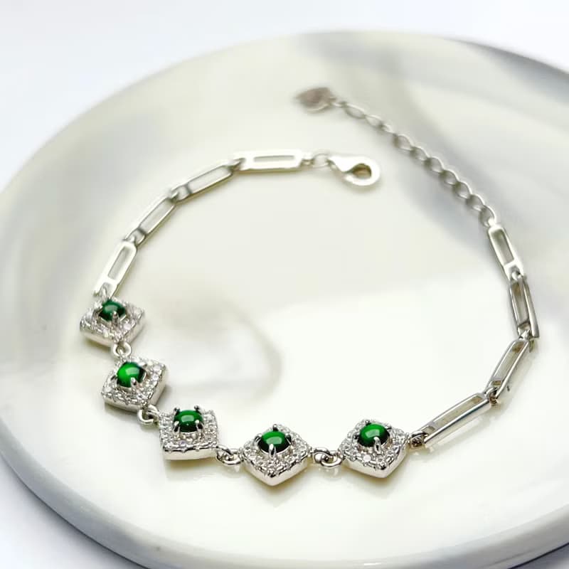 冰綠蛋面翡翠手鍊925純銀|天然緬甸玉翡翠A貨|送禮